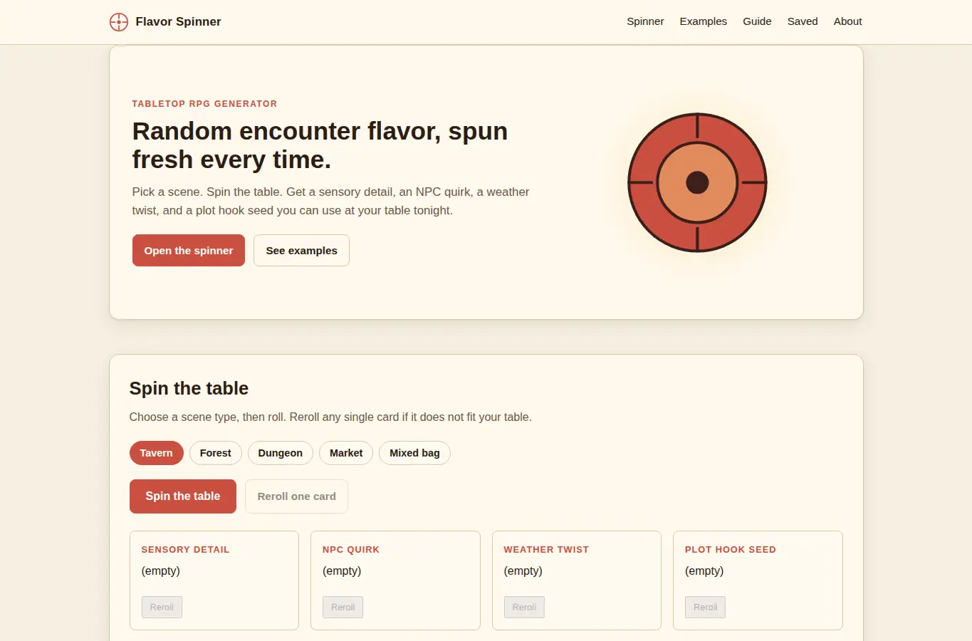 Screenshot of Tabletop RPG Random Encounter Flavor Spinner interface showing the project page in use